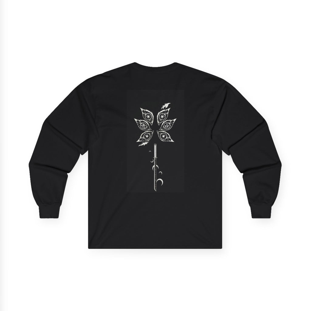 Samurai Skull with Red Blossom graphic long sleeve tee | Japanese kanji