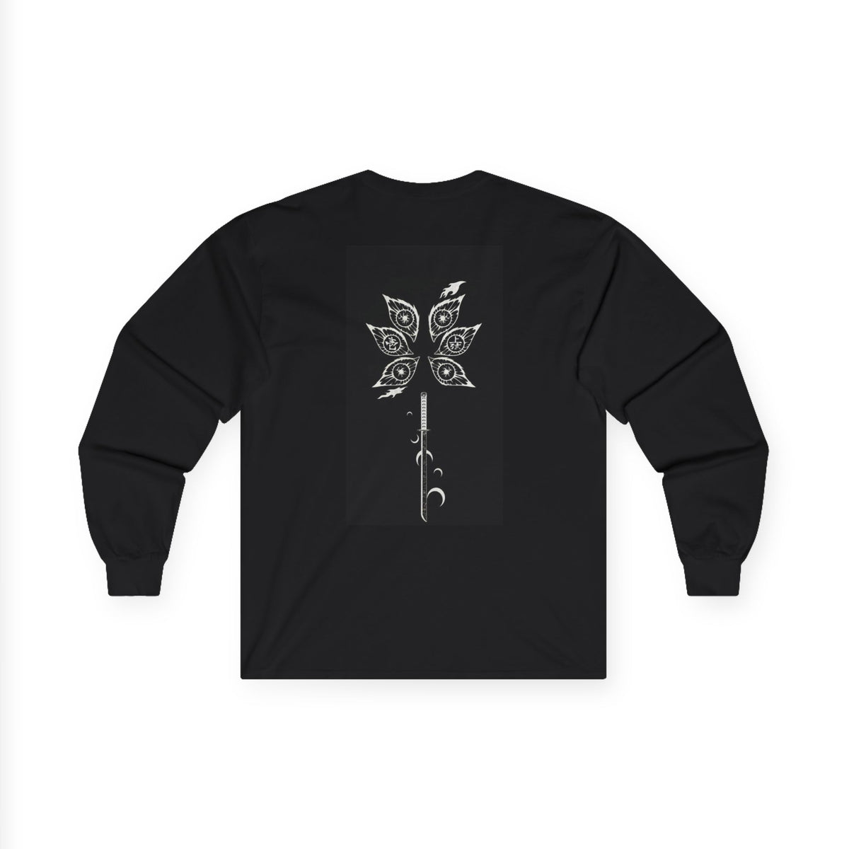 Samurai Skull with Red Blossom graphic long sleeve tee | Japanese kanji