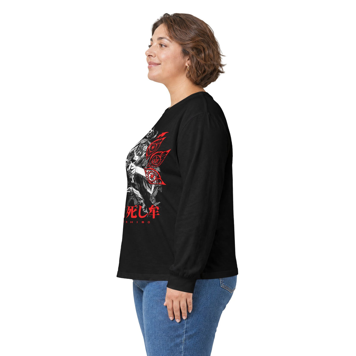 Samurai Skull with Red Blossom graphic long sleeve tee | Japanese kanji