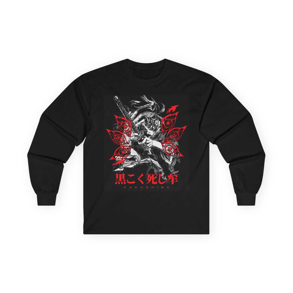Samurai Skull with Red Blossom graphic long sleeve tee | Japanese kanji