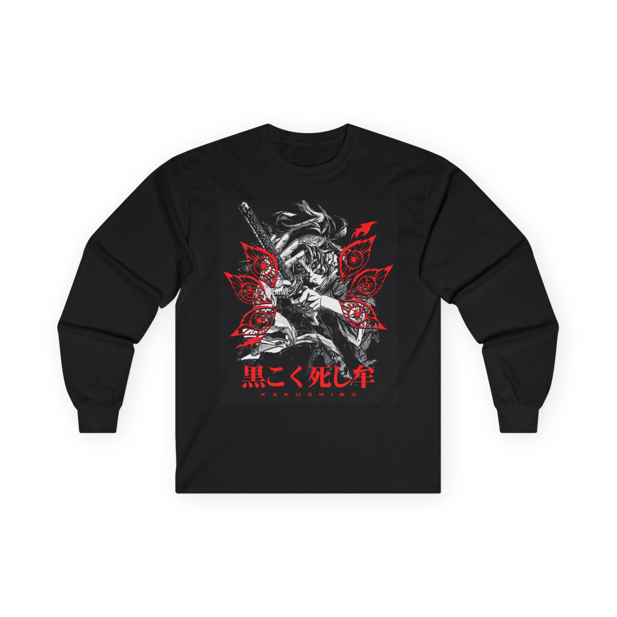 Samurai Skull with Red Blossom graphic long sleeve tee | Japanese kanji